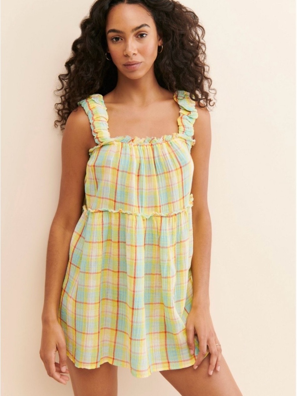 Anthropologie Yellow Multi Plaid Ruffle Strap Mini Dress 1X